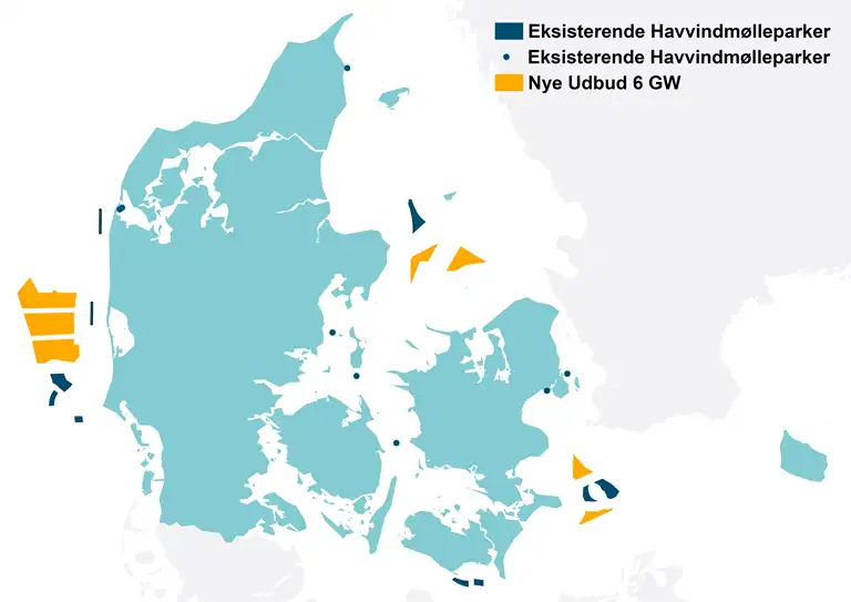 New offshore tenders and already existing offshore windfarms. (Orange is the new tenders and blue is existing offshore windfarms), Source: Danish Ministry of Climate, Energy and Utilities