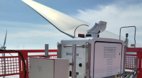 © Jörge Schneemann [2024] Scanning Lidar device temporarily installed on the nacelle of a wind turbine at RWE’s offshore wind farm Amrumbank West as part of the C²-Wakes project.