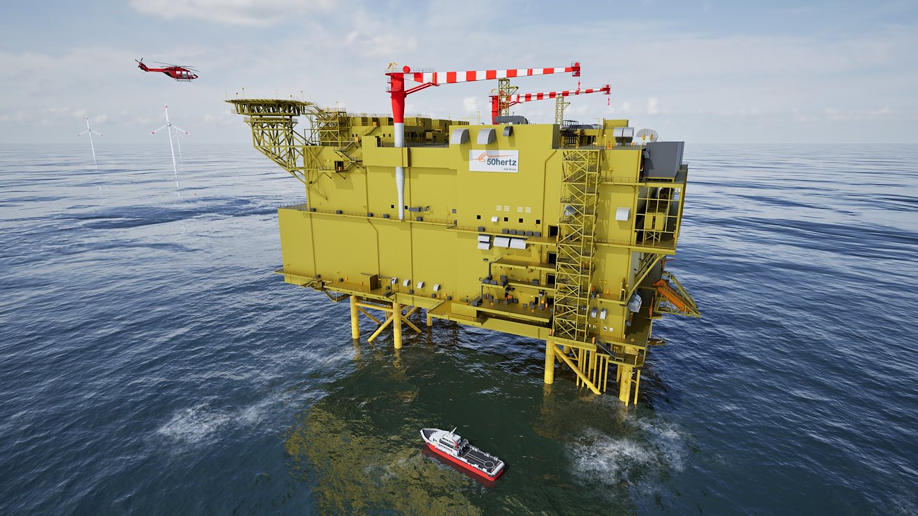 Visualization of the offshore converter platform in the new 2 GW/525kV standard for the LanWin3 project of 50Hertz. Photo: Siemens Energy/Dragados Offshore