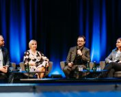 The “Talent Matters: Shaping the Offshore Workforce” panel: (from the left) Rihards Stalmanis, Director at BOTC Training, Agnieszka Rodak, from Pomeranian Centre of Competence for Offshore Wind Energy and CEO of Rumie Invest Park, (Moderator) Dr Antonios Nestoras, Founding Director of European Policy Innovation Council, Božena Petikonis-Šabanienė, Head of HR for Ignitis Renewables, (on a videocall) Ekaterine Gogoberishvili, Education and Skills - Senior Project Coordinator at WindEurope