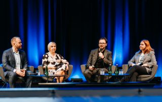 The “Talent Matters: Shaping the Offshore Workforce” panel: (from the left) Rihards Stalmanis, Director at BOTC Training, Agnieszka Rodak, from Pomeranian Centre of Competence for Offshore Wind Energy and CEO of Rumie Invest Park, (Moderator) Dr Antonios Nestoras, Founding Director of European Policy Innovation Council, Božena Petikonis-Šabanienė, Head of HR for Ignitis Renewables, (on a videocall) Ekaterine Gogoberishvili, Education and Skills - Senior Project Coordinator at WindEurope