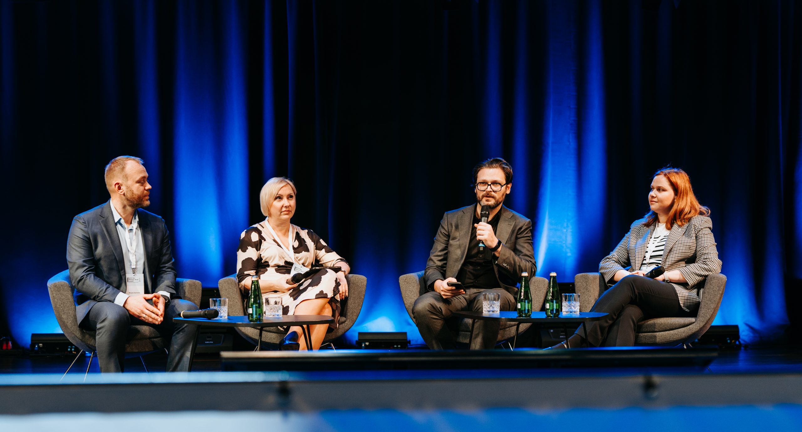 The “Talent Matters: Shaping the Offshore Workforce” panel: (from the left) Rihards Stalmanis, Director at BOTC Training, Agnieszka Rodak, from Pomeranian Centre of Competence for Offshore Wind Energy and CEO of Rumie Invest Park, (Moderator) Dr Antonios Nestoras, Founding Director of European Policy Innovation Council, Božena Petikonis-Šabanienė, Head of HR for Ignitis Renewables, (on a videocall) Ekaterine Gogoberishvili, Education and Skills - Senior Project Coordinator at WindEurope