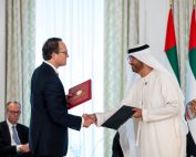 H.E. Dr Sultan bin Ahmed Al Jaber, UAE Minister of Industry and Advanced Technology Group CEO of ADNOC and Chairman of Masdar (R) and Dr. Markus Krebber, CEO of RWE (L), exchange a Memorandum of Understanding, at Al Shati Palace. ( Copyright: Abdulla Al Bedwawi / UAE Presidential Court )